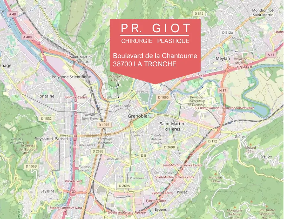 Carte localisant le CHU de Grenoble Alpes où travaille le Pr Giot